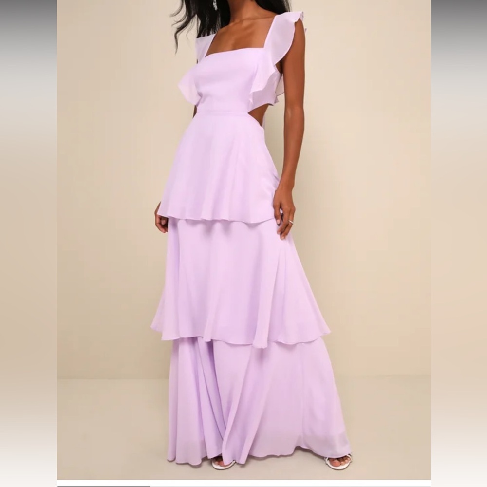 BRAND NEW Elegant Event Lavender Ruffled Tie-Back Tiered Maxi Dress